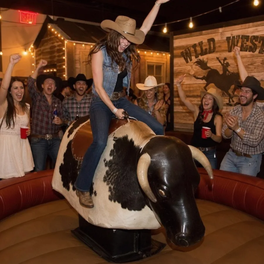 Guests cheering near a mechanical bull attraction at a western themed party