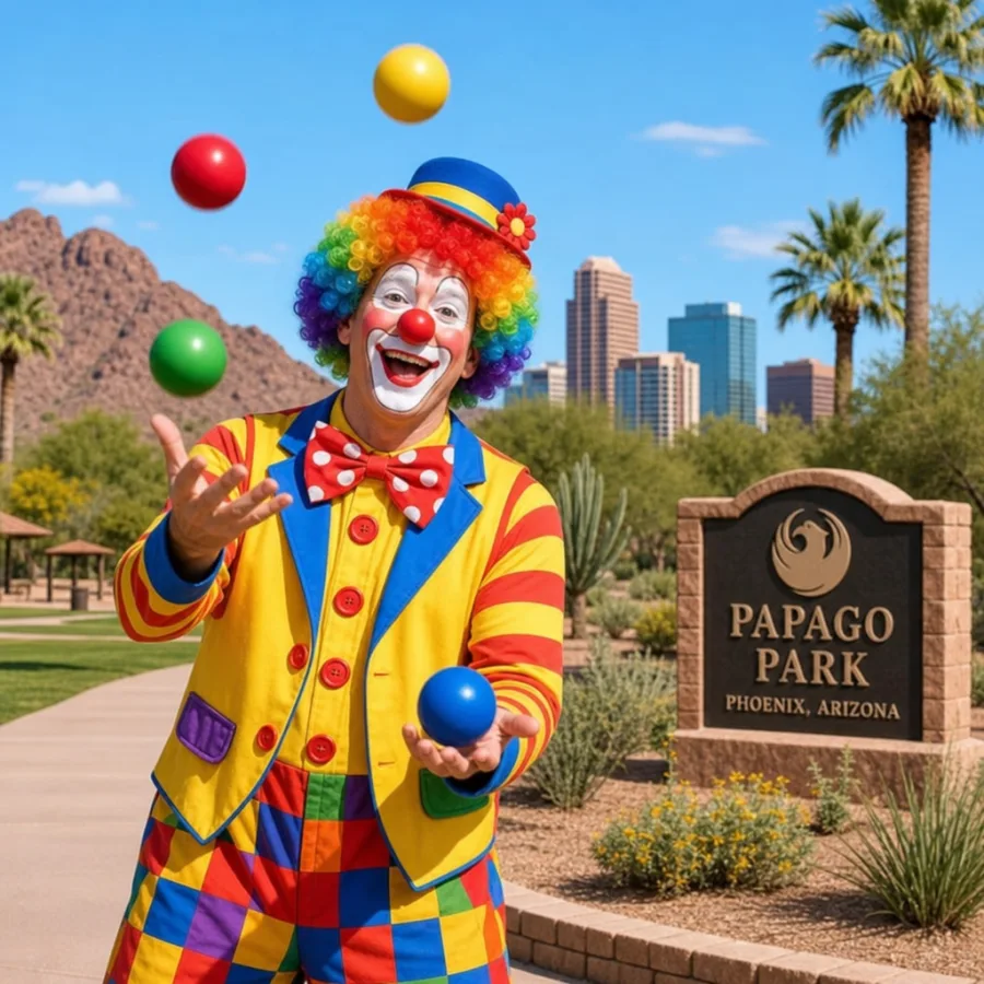 Colorful friendly clown juggling at a sunny Phoenix park