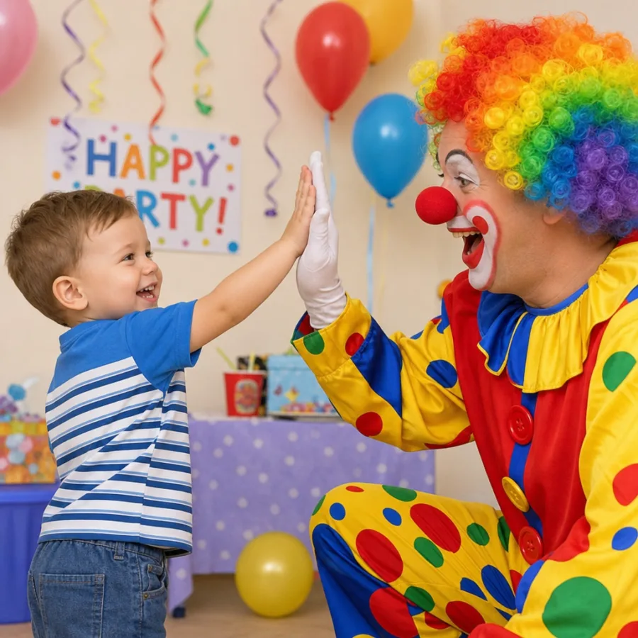 Smiling toddler high-fiving a kid-friendly party clown