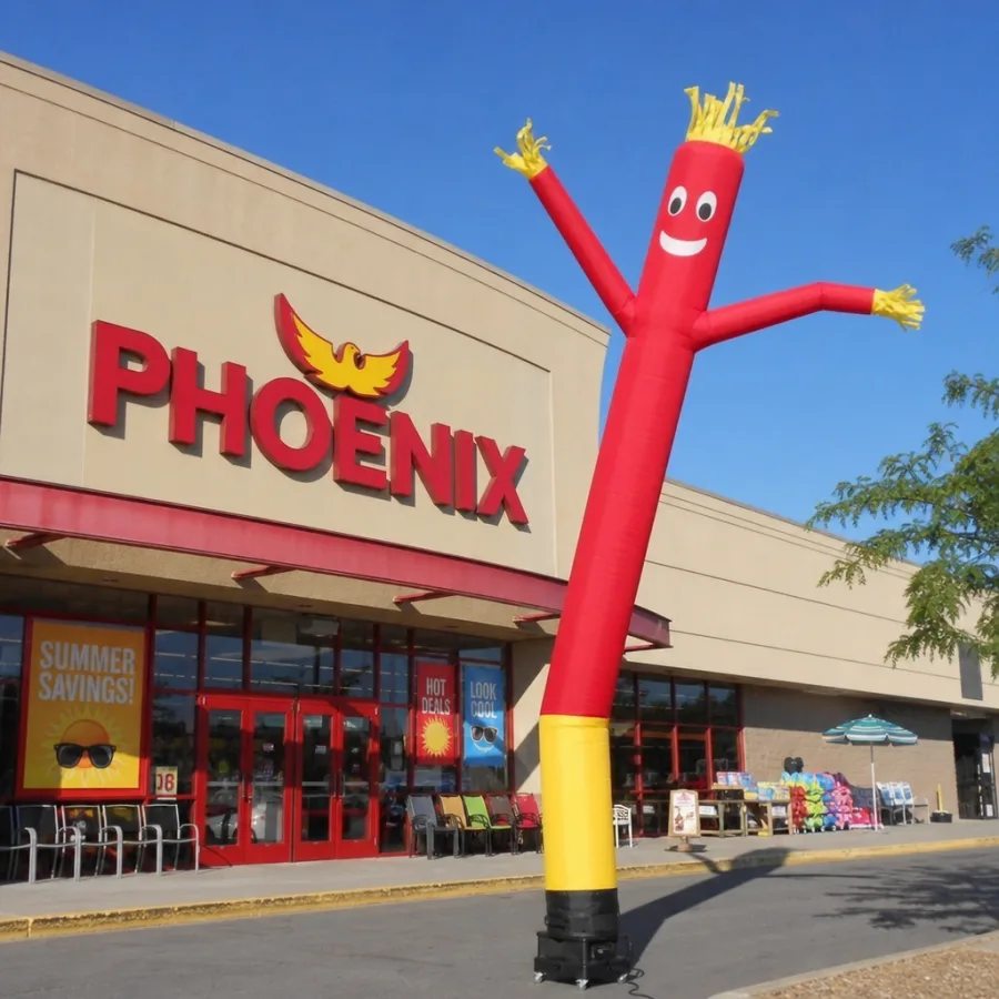 A bright red and yellow tube man waving in front of a Phoenix retail store during summer